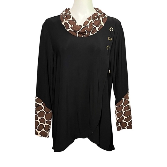 Ali Miles Slinky Black Tunic Top Size Large Brown Beige Trim Cowl Neck Lagenlook